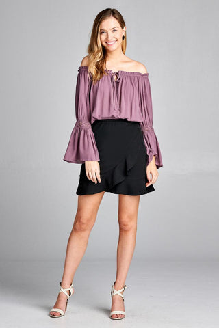 Ladies fashion long sleeve w/lace trim off the shoulder self tie front crinkle gauze woven top
