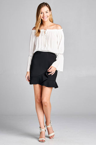 Ladies fashion long sleeve w/lace trim off the shoulder self tie front crinkle gauze woven top