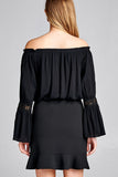 Ladies fashion long sleeve w/lace trim off the shoulder self tie front crinkle gauze woven top