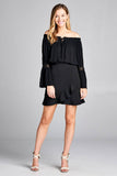 Ladies fashion long sleeve w/lace trim off the shoulder self tie front crinkle gauze woven top