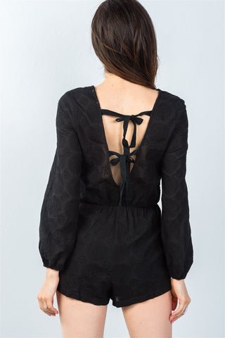 Ladies fashion black double tie-back long sleeve romper
