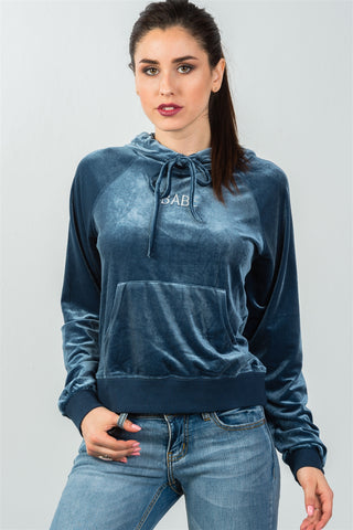 Ladies fashion upper graphic embroider "babe" velvet hoodie