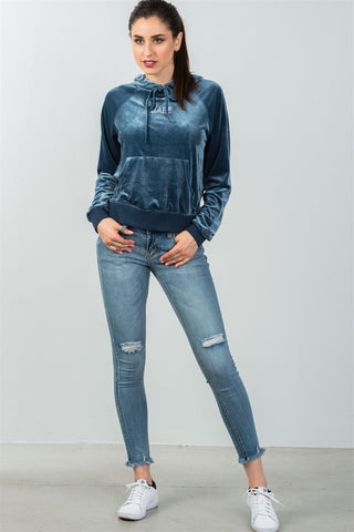 Ladies fashion upper graphic embroider "babe" velvet hoodie