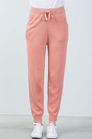 Ladies fashion elasticized rib-knit black lounge joggers pants