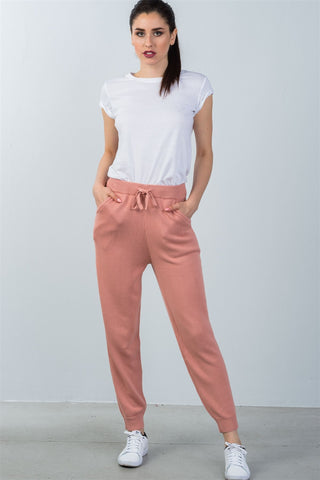 Ladies fashion elasticized rib-knit black lounge joggers pants