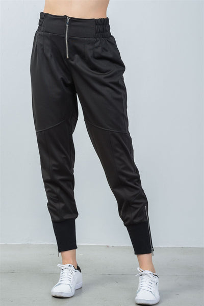 Ladies fashion ankle lenght black zipper high waisted jogger pants
