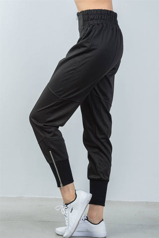 Ladies fashion ankle lenght black zipper high waisted jogger pants