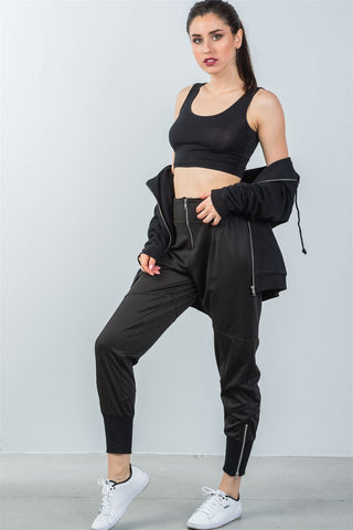 Ladies fashion ankle lenght black zipper high waisted jogger pants