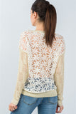 Ladies fashion beige crochet & flower embroidered mesh top