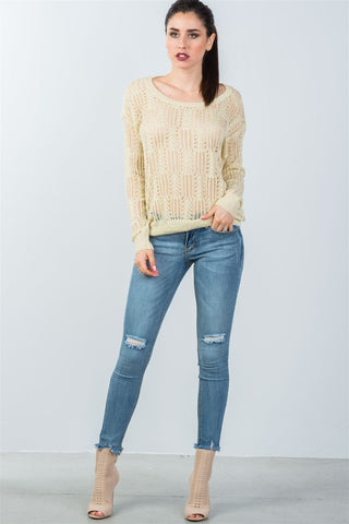 Ladies fashion beige crochet & flower embroidered mesh top