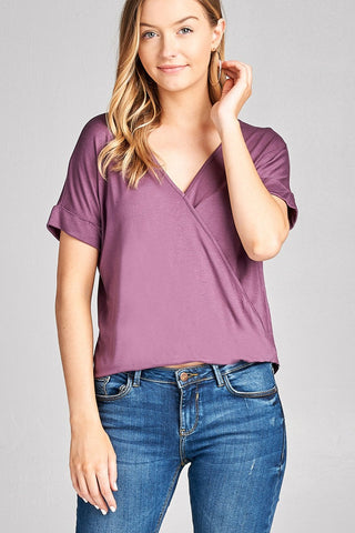 Ladies fashion short sleeve surplice v-neck rayon spandex crepe top