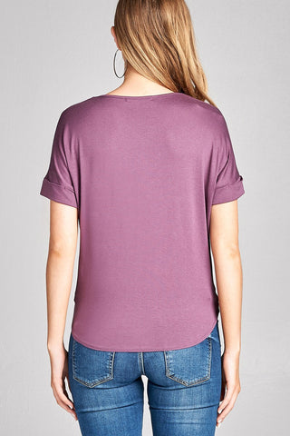 Ladies fashion short sleeve surplice v-neck rayon spandex crepe top