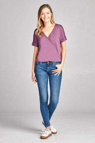 Ladies fashion short sleeve surplice v-neck rayon spandex crepe top