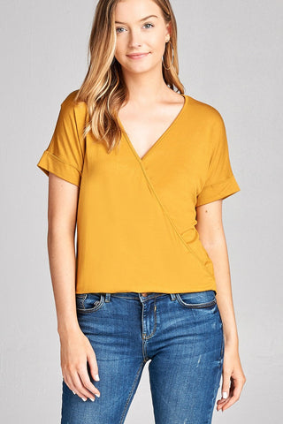 Ladies fashion short sleeve surplice v-neck rayon spandex crepe top