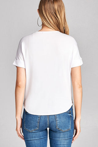 Ladies fashion short sleeve surplice v-neck rayon spandex crepe top