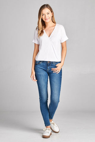 Ladies fashion short sleeve surplice v-neck rayon spandex crepe top