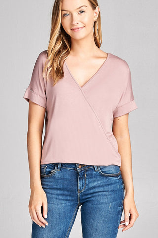 Ladies fashion short sleeve surplice v-neck rayon spandex crepe top