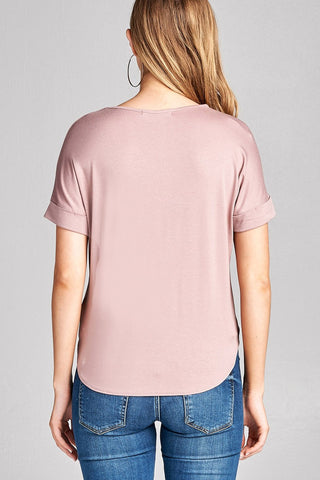 Ladies fashion short sleeve surplice v-neck rayon spandex crepe top