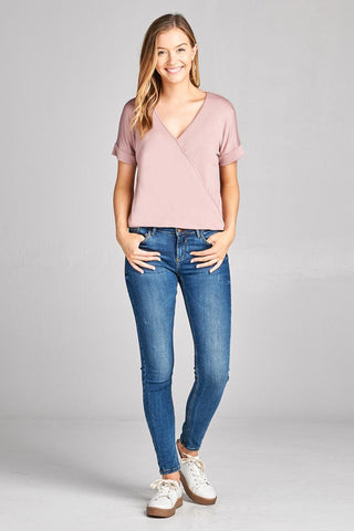 Ladies fashion short sleeve surplice v-neck rayon spandex crepe top