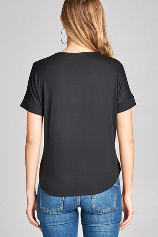 Ladies fashion short sleeve surplice v-neck rayon spandex crepe top