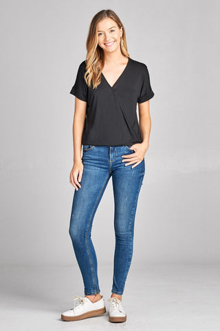 Ladies fashion short sleeve surplice v-neck rayon spandex crepe top