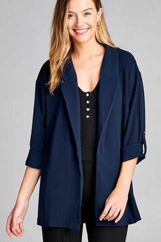 Ladies fashion 3/4 roll up sleeve open front woven jacket