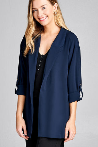 Ladies fashion 3/4 roll up sleeve open front woven jacket