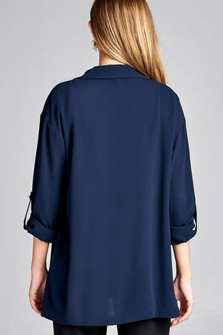 Ladies fashion 3/4 roll up sleeve open front woven jacket