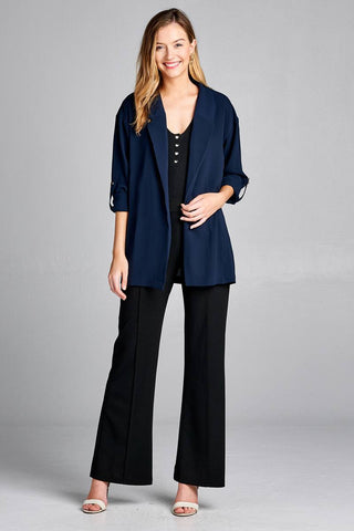 Ladies fashion 3/4 roll up sleeve open front woven jacket