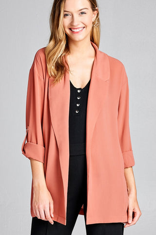 Ladies fashion 3/4 roll up sleeve open front woven jacket