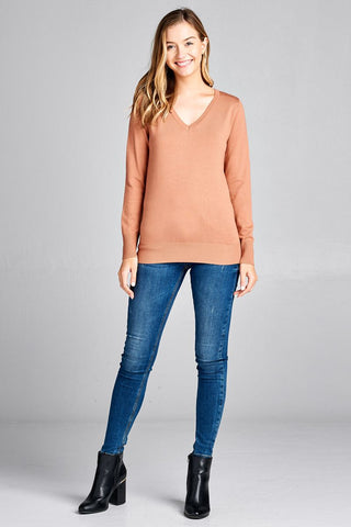 Ladies fashion long sleeve v-neck classic sweater