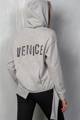 Ladies fashion uneven hem graphic "venice" pullover hoodie