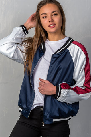 Ladies fashion navy "brunch" embroidered bomber color-block jacket