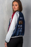 Ladies fashion navy "brunch" embroidered bomber color-block jacket