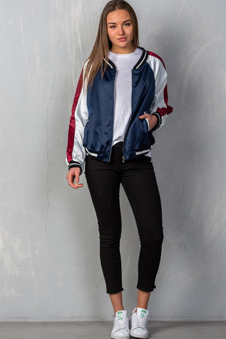 Ladies fashion navy "brunch" embroidered bomber color-block jacket