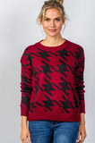 Ladies fashion round neckline geo print color block knit sweater