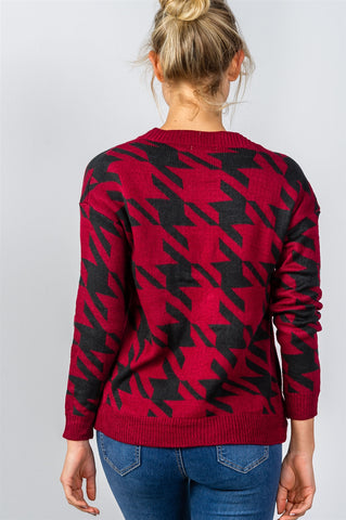 Ladies fashion round neckline geo print color block knit sweater