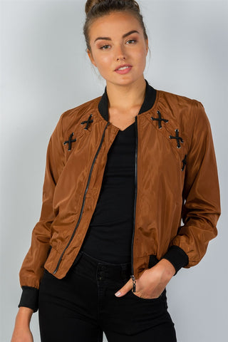 Ladies fashion front zipper closure sides lace-up bomber jacket