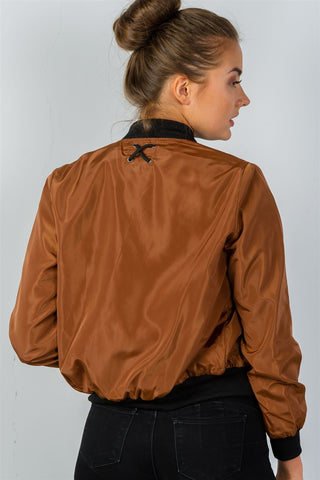 Ladies fashion front zipper closure sides lace-up bomber jacket