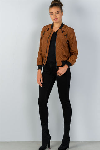 Ladies fashion front zipper closure sides lace-up bomber jacket