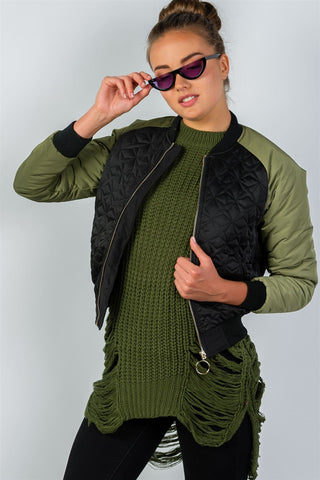 Ladies fashion black & olive quilted bomber jacket