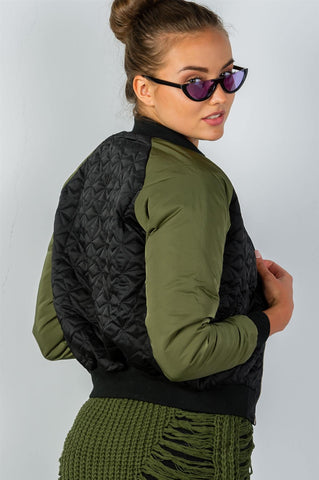 Ladies fashion black & olive quilted bomber jacket