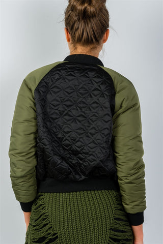 Ladies fashion black & olive quilted bomber jacket