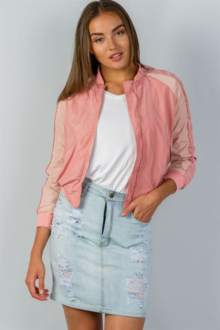 Ladies fashion color block stand collar zipper long sleeve bomber jacket