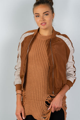 Ladies fashion color block stand collar zipper long sleeve bomber jacket