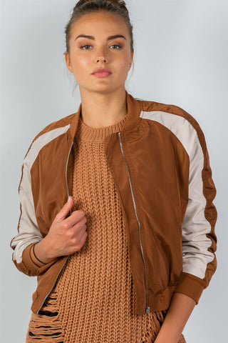 Ladies fashion color block stand collar zipper long sleeve bomber jacket