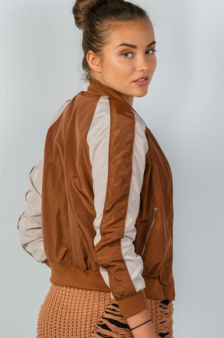 Ladies fashion color block stand collar zipper long sleeve bomber jacket