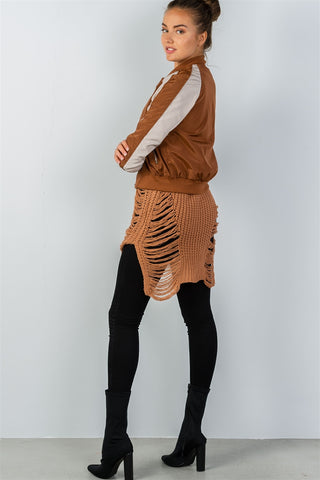 Ladies fashion color block stand collar zipper long sleeve bomber jacket