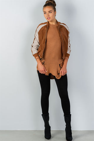 Ladies fashion color block stand collar zipper long sleeve bomber jacket