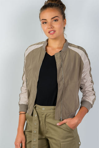 Ladies fashion color block stand collar zipper long sleeve bomber jacket